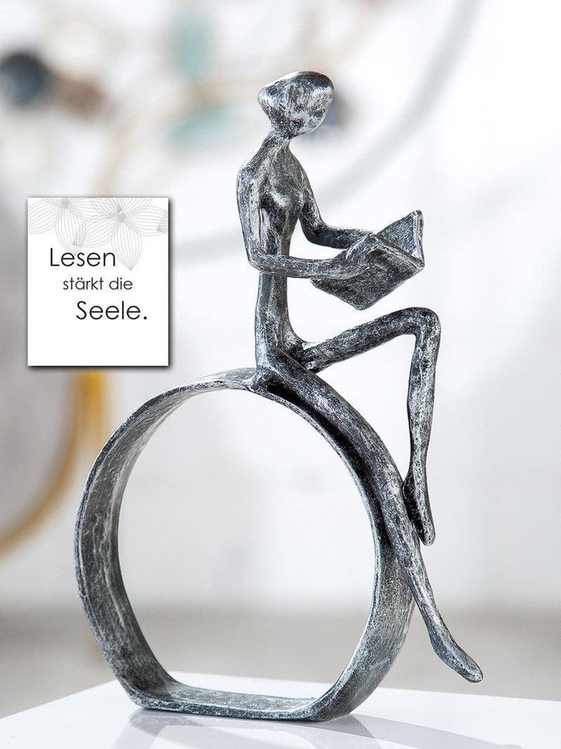 Exclusive sculpture reader made of iron, height 19 cm, antique finish, living room, book shelf, gift idea, READING books strengthens the soul