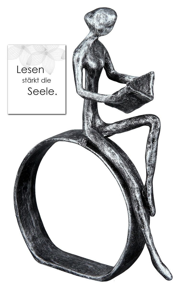 Exclusive sculpture reader made of iron, height 19 cm, antique finish, living room, book shelf, gift idea, READING books strengthens the soul