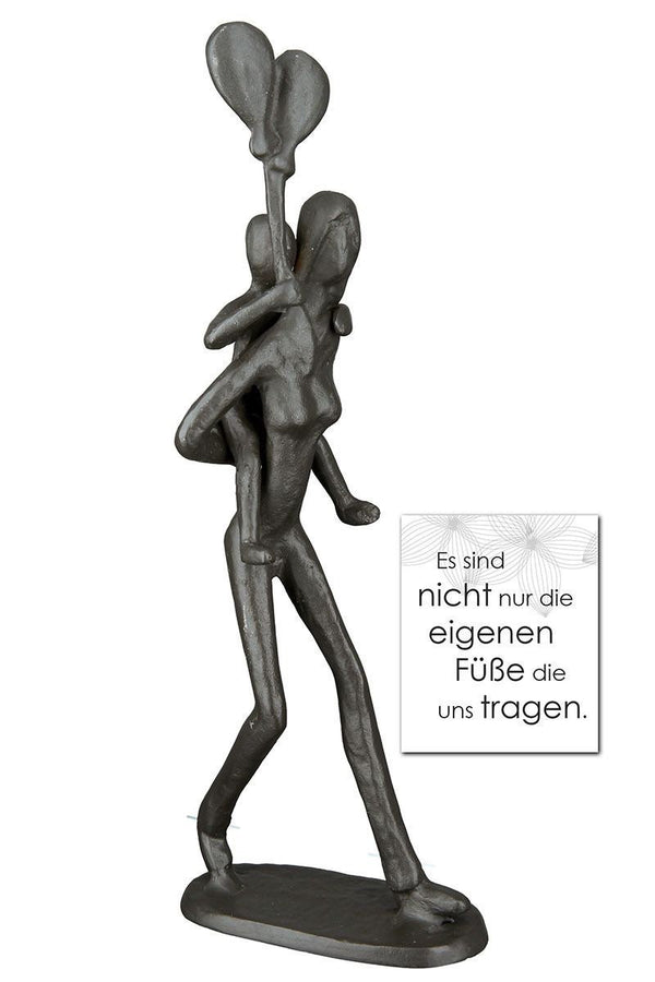 Exclusive Design Skulptur Huckepack aus Eisen brüniert Höhe 23 cm Frau mit Kind und Ballon Liebe Geschenk Familie