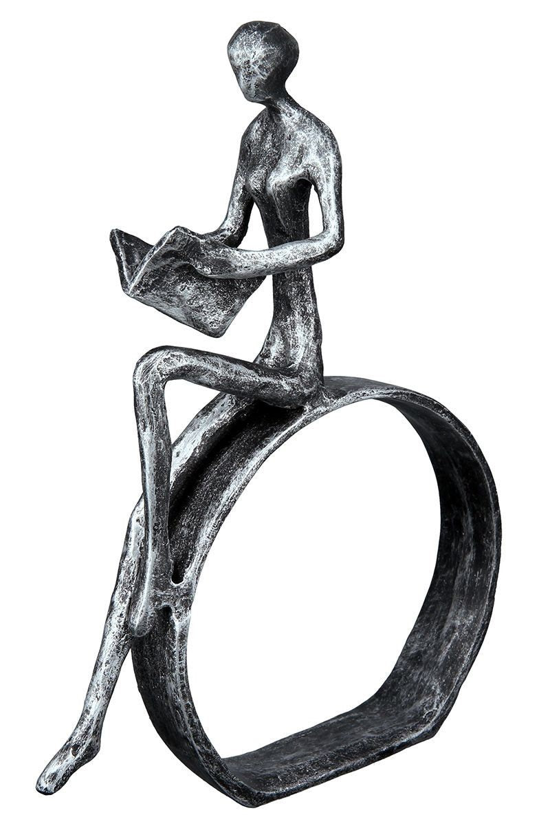 Exclusive Skulptur Leserin aus Eisenl Höhe 19 cm, antikfinish Wohnzimmer Buchregal Geschenkidee Bücher LESEN stärkt die Seele