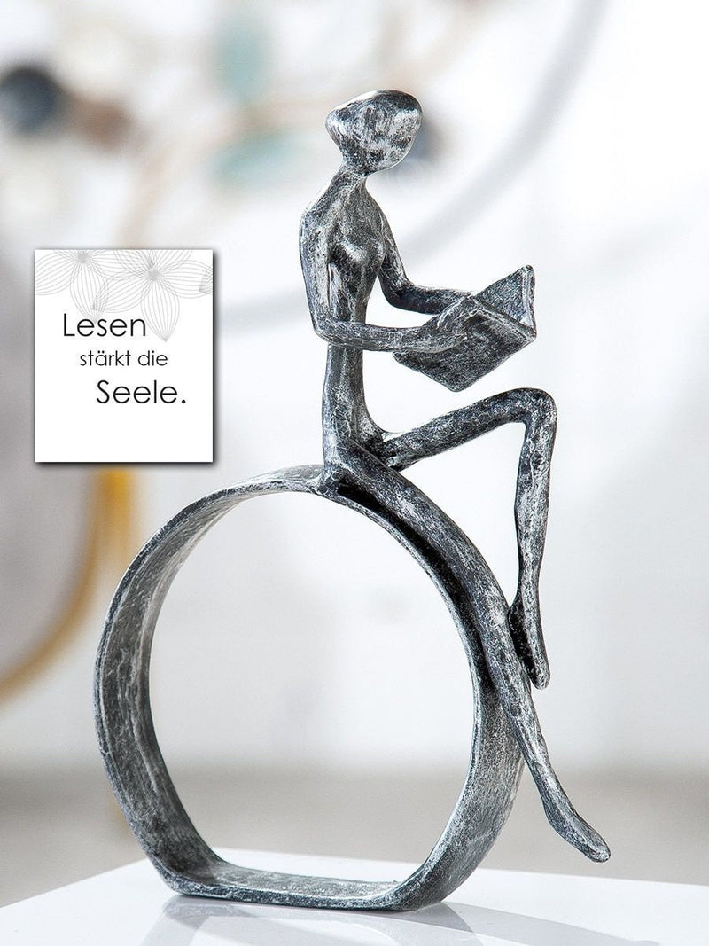 Exclusive sculpture reader made of iron, height 19 cm, antique finish, living room, book shelf, gift idea, READING books strengthens the soul