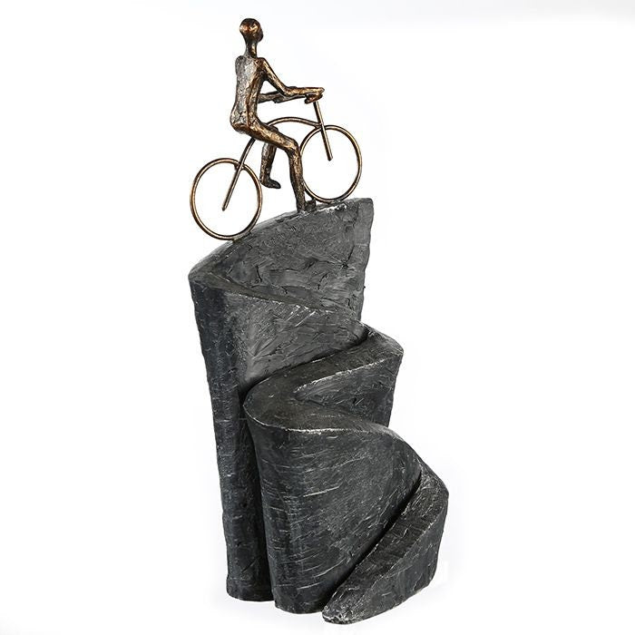 Skulptur Figur MEIN ZIEL Radfahrer Figur Dekofigur Höhe 37cm antik bronzefarben auf Base mit Spruchanhänger
