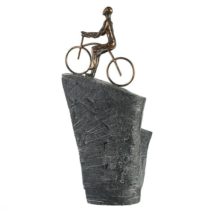 Skulptur Figur MEIN ZIEL Radfahrer Figur Dekofigur Höhe 37cm antik bronzefarben auf Base mit Spruchanhänger