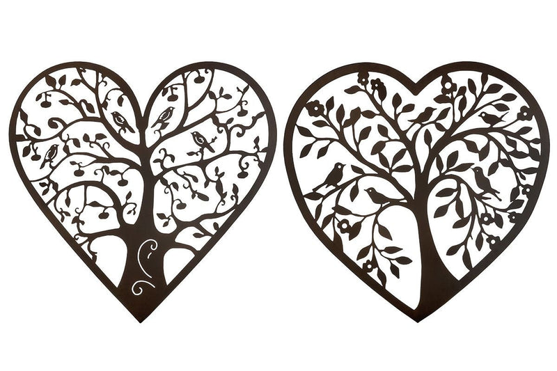 2er-Set 3D-Metallbild 'Herzbaum' – Wanddeko mit Vögeln 60x60cm