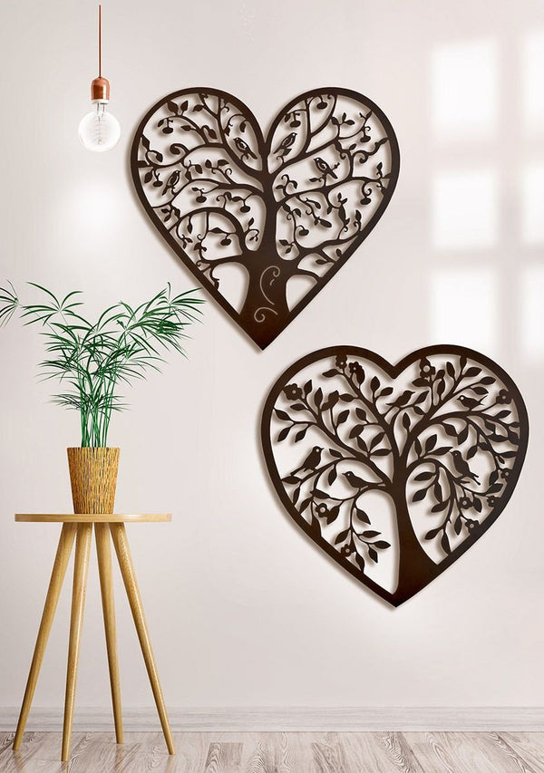 2er-Set 3D-Metallbild 'Herzbaum' – Wanddeko mit Vögeln 60x60cm
