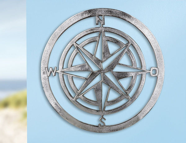 Wall relief compass rose made of aluminum in silver with rough finish diameter 50 cm