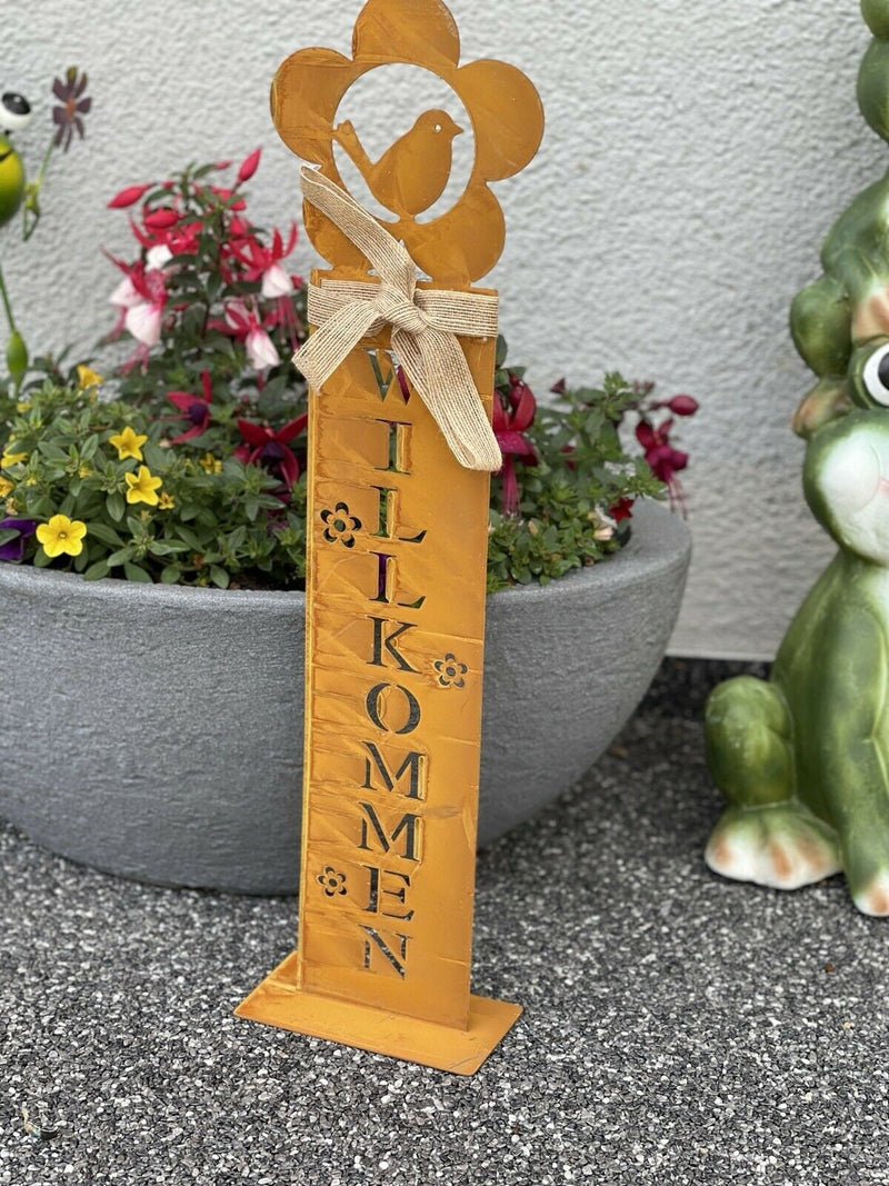 Rostiges Metall-Schild 'Willkommen' mit Vogel und Schlaufe – Rustikale Dekoration für Ihr Zuhause