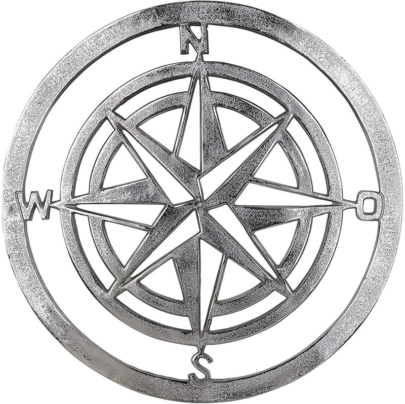 Wandreliëf kompasroos van aluminium in zilver met ruwe afwerking diameter 50 cm