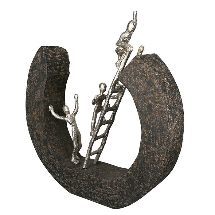 Figur Skulptur " Hinauf zum ZIEL " Freunde Mangoholz, Figuren aus Aluminium Geschenk Dekoration 32cm mit Spruchanhänger