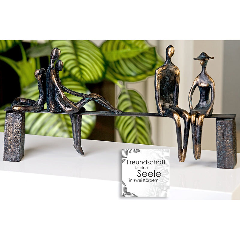 Sculptuur "Leisure" bronskleurige figuren op een bankje met poly/metalen spreuk tag cadeau idee