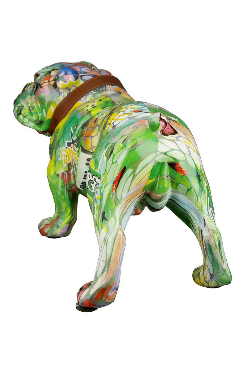 Farbenfrohe Poly Mops "Street Art" Skulptur in Grün und Gelb, Stellend, mit Halsband und Glocke