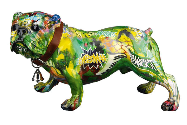 Farbenfrohe Poly Mops "Street Art" Skulptur in Grün und Gelb, Stellend, mit Halsband und Glocke