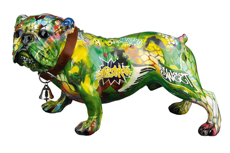 Farbenfrohe Poly Mops "Street Art" Skulptur in Grün und Gelb, Stellend, mit Halsband und Glocke