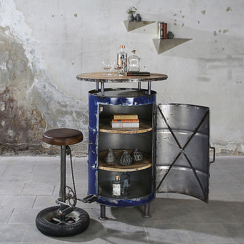 Goat leather bar stool "Wheel" black / brown pedal