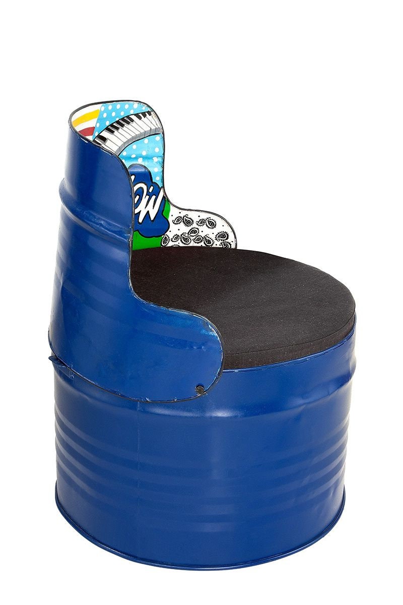 Sitztonne 'Street Art' blau oder rot Stuhl Hocker aus Metall Rückenlehne mit Graffiti-Design Sitzkissen Höhe 72cm
