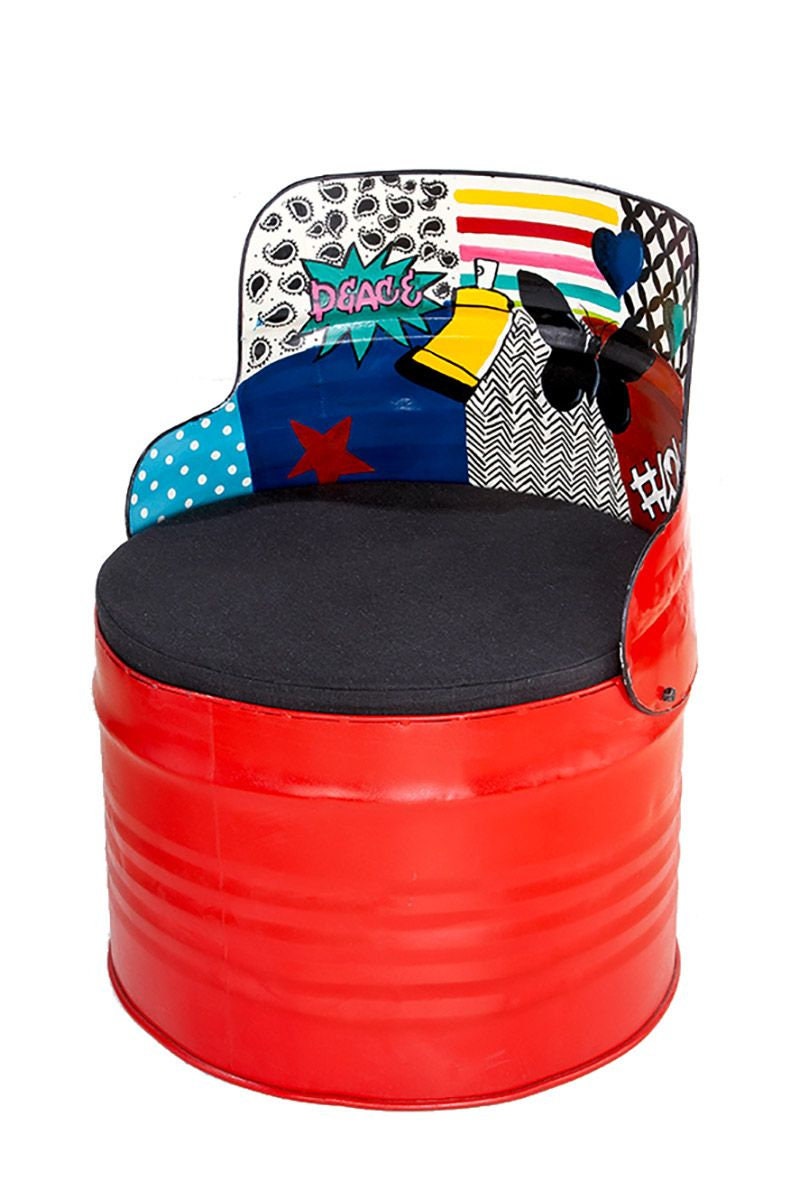 Sitztonne 'Street Art' blau oder rot Stuhl Hocker aus Metall Rückenlehne mit Graffiti-Design Sitzkissen Höhe 72cm