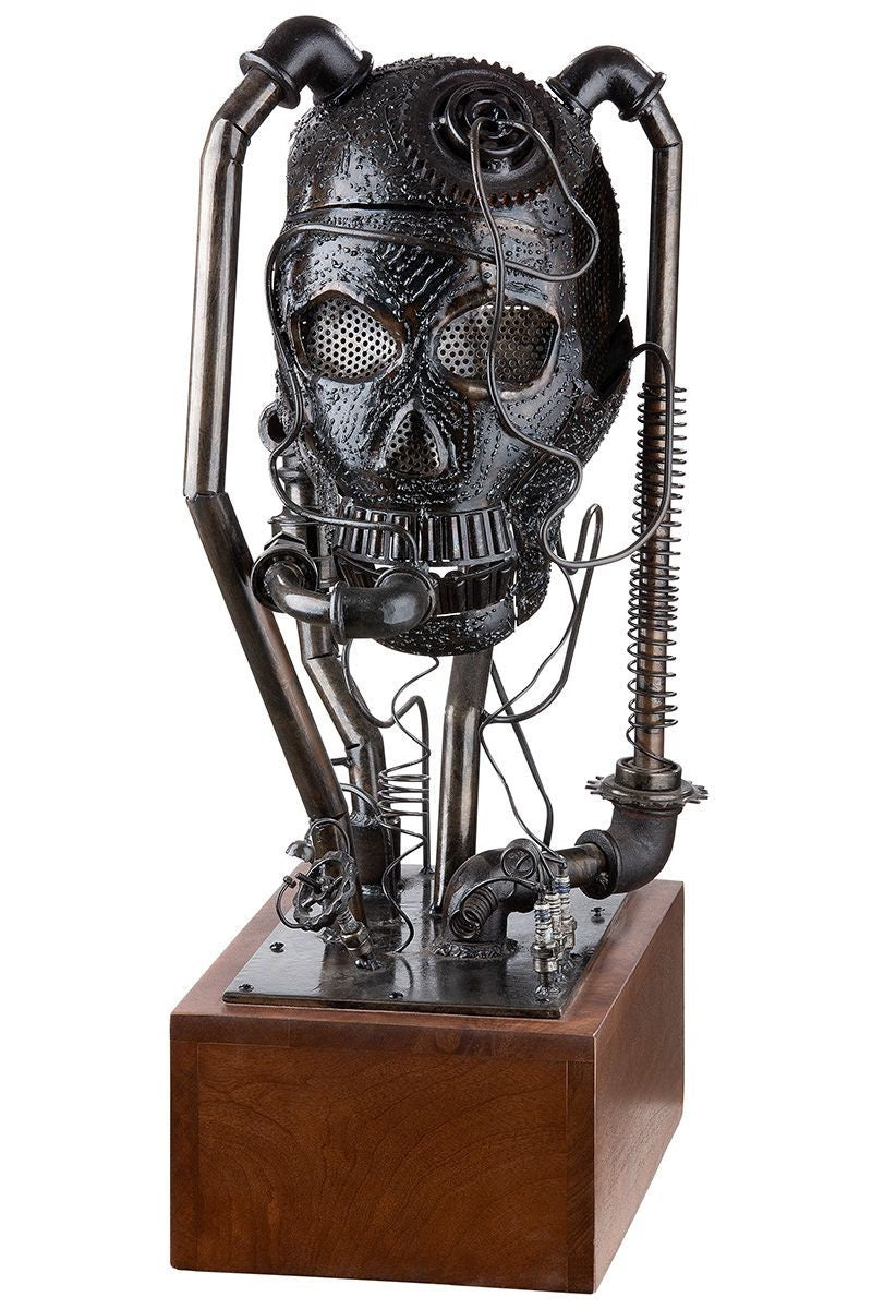 Metall Tischlampe " CYBERPUNK " Handgefertigt  antik silberfarben auf brauner Holzbase Höhe 72cm
