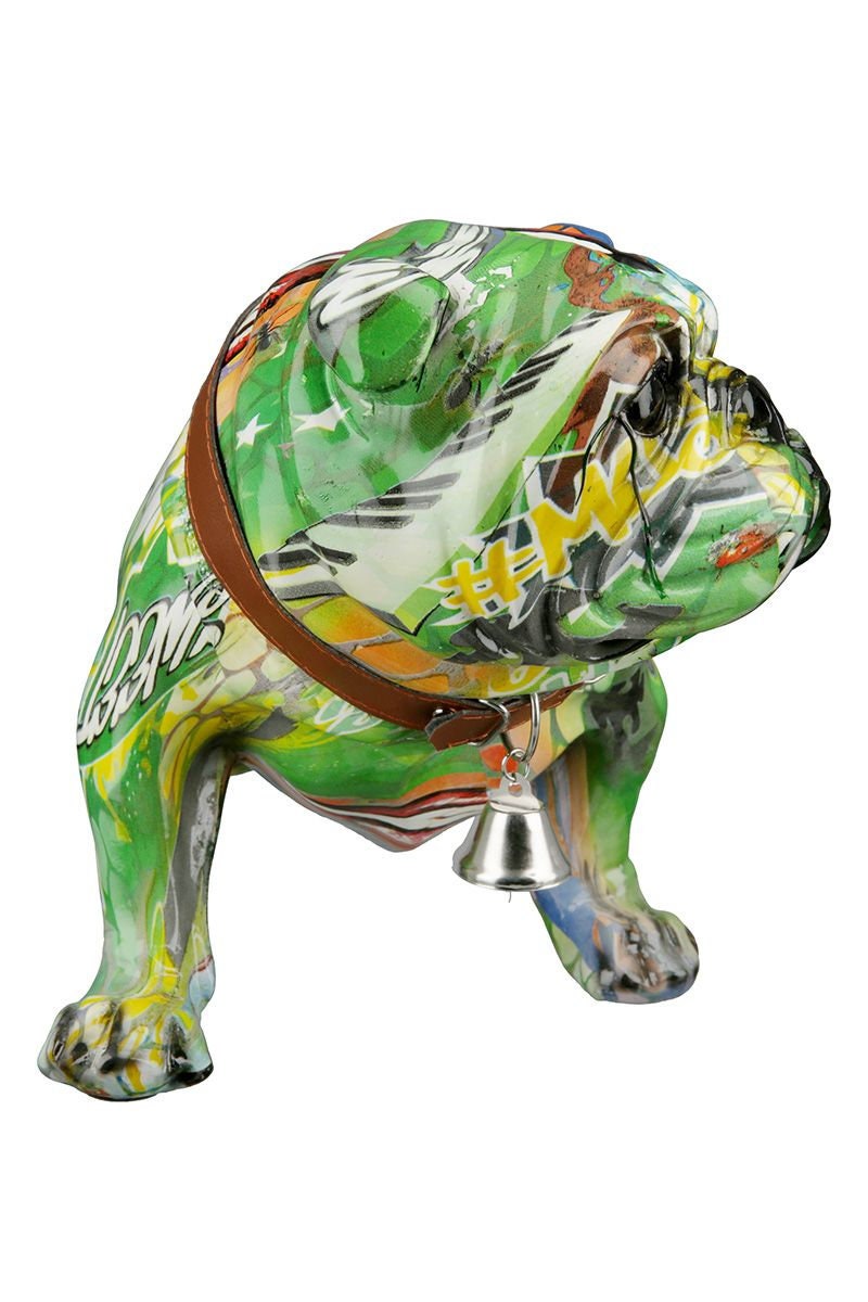Farbenfrohe Poly Mops "Street Art" Skulptur in Grün und Gelb, Stellend, mit Halsband und Glocke