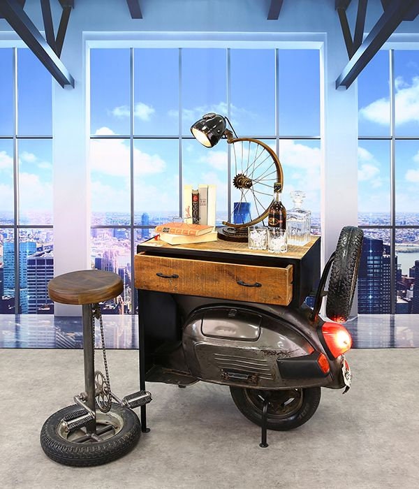 Goat leather bar stool "Wheel" black / brown pedal