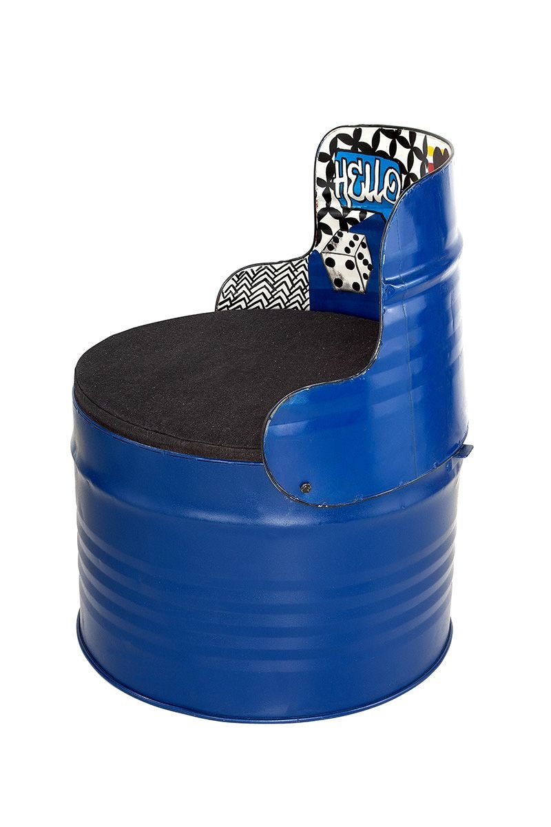 Sitztonne 'Street Art' blau oder rot Stuhl Hocker aus Metall Rückenlehne mit Graffiti-Design Sitzkissen Höhe 72cm