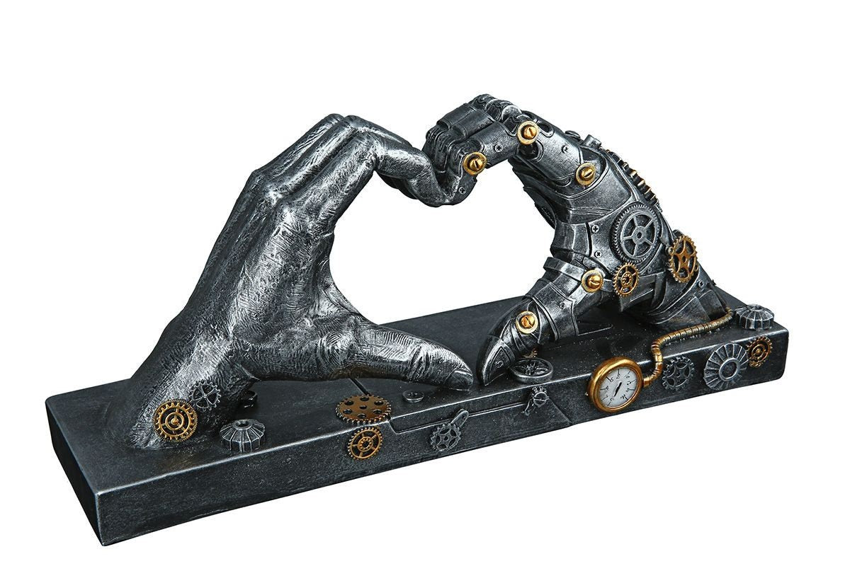 Steampunk Hand Skulptur in Herzform - Antik Silber mit Kupferakzenten