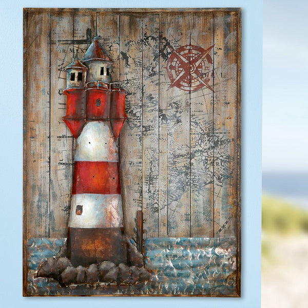 3D metalen foto VUURTOREN op hout 100x75cm handgemaakt kunstobject