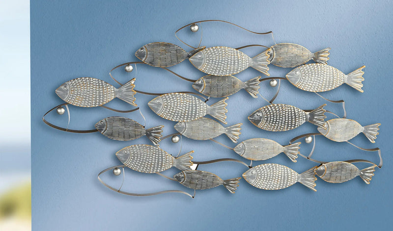 3D Wand Dekoobjekt Fischschwarm "Pesce" Wandrelief Metallbild grau/goldfarben weiß gewischt gehämmerte Oberflächenstruktur Handarbeit