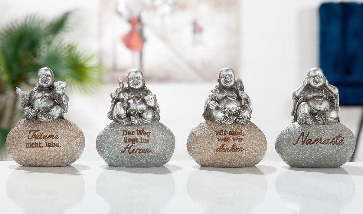 Set of 4 laughing Buddha figures on stone with motivating quotes