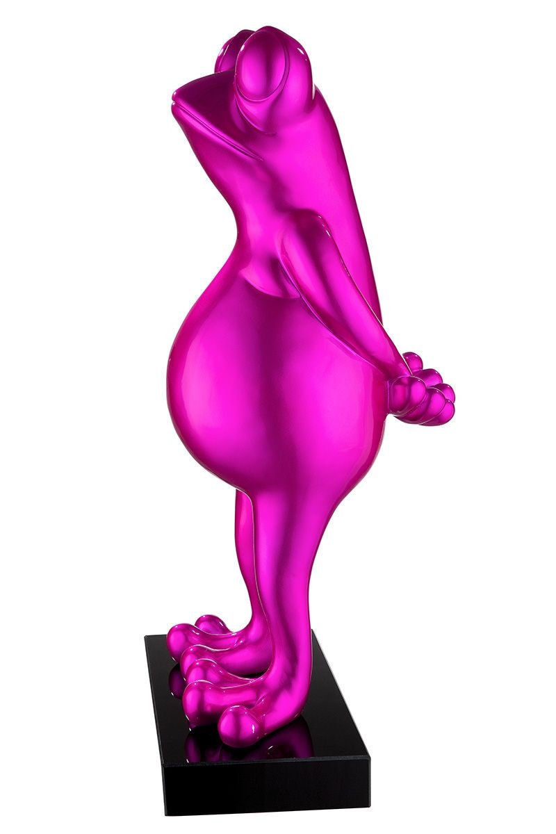 Sculptuur figuur "Kikker" roze metallic Marmeren sokkel Hoogte 68cm Handgemaakt