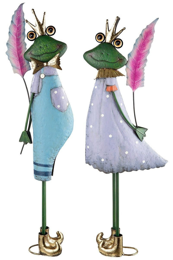 2er Set Metall Froschpaar " Paul + Pauline" Frosch Figuren aus Metall blau/lila/pink/grün, mit goldfarbenen Schuhen und Krone Höhe 75cm