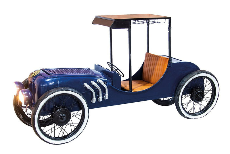 Metall Deko Oldtimer Rolcing mMetall Oldtimer "Rolcing" in blau mit Ziegenleder Sitzen - ein einzigartiges und stilvolles Weinregal mit Charme