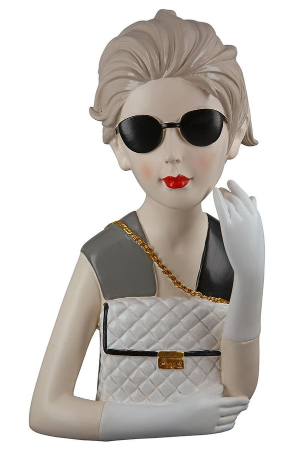 Figuur MYLADY met handtas grijs/zwart jurkje met zonnebril handbeschilderd sculptuur decoratief figuur Beauty