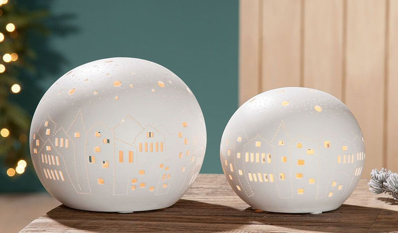 Porzellan Nachtisch Lampe Kugel WHITECITY Häuser Lichtschatten 18cm durchmesser