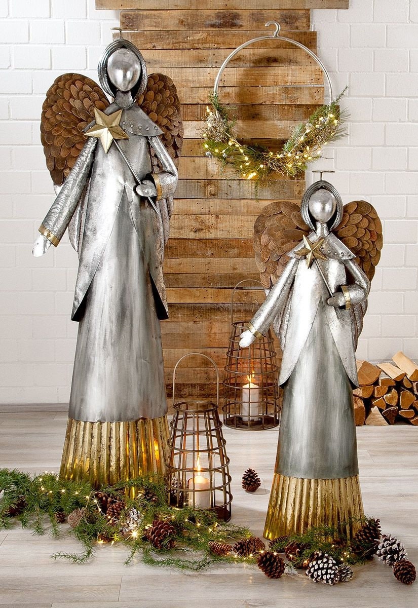 XL Metall Engel "Viktoria" mit Holzflügeln Weihnachten Gold Silberfarben Höhe 129cm Handgefertigt