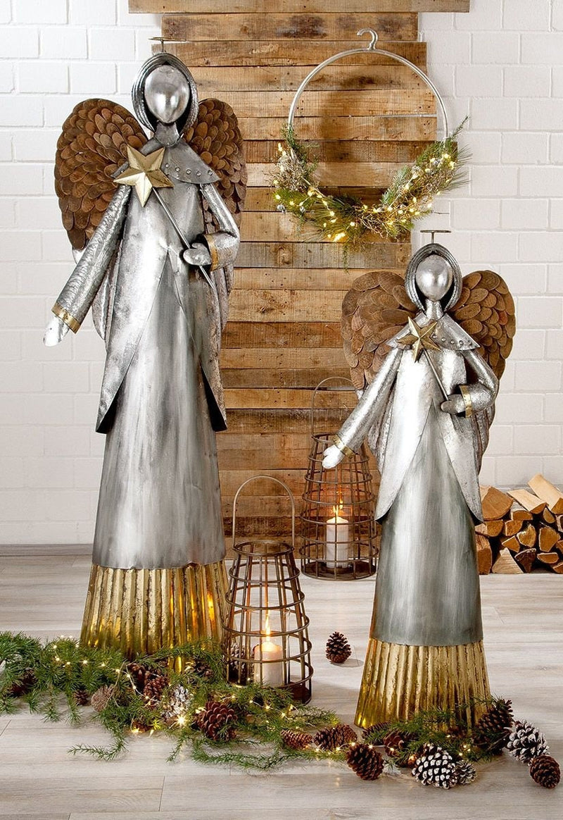 XXL Metall Engel "Viktoria" mit Holzflügeln Weihnachten Gold Silberfarben Höhe 181cm Handgefertigt