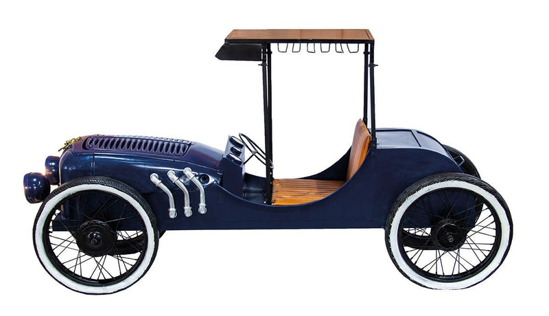 Metall Deko Oldtimer Rolcing mMetall Oldtimer "Rolcing" in blau mit Ziegenleder Sitzen - ein einzigartiges und stilvolles Weinregal mit Charme