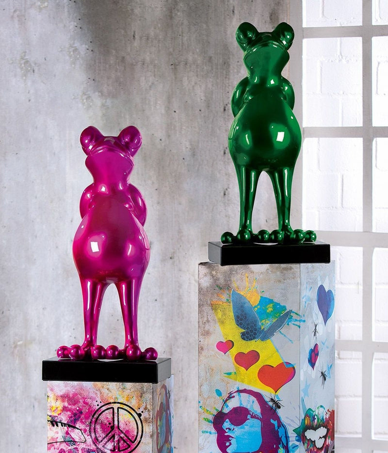 Sculptuur figuur "Kikker" roze metallic Marmeren sokkel Hoogte 68cm Handgemaakt