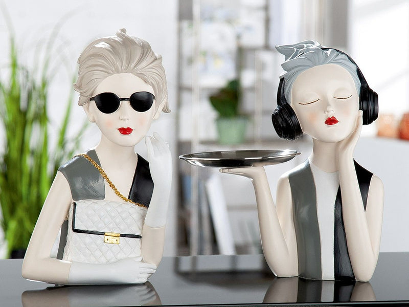 Figuur MYLADY met handtas grijs/zwart jurkje met zonnebril handbeschilderd sculptuur decoratief figuur Beauty
