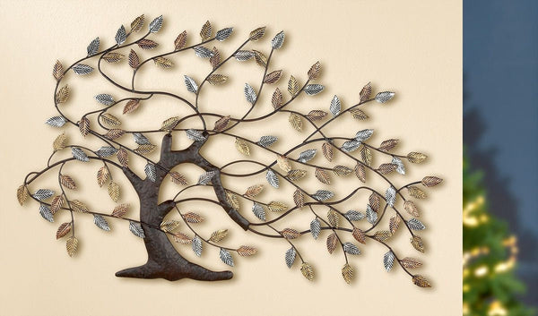 3D Metall Bild HERBST STURM Baum mit antik gold-/silberfarbenen Blättern 107cm Wanddekoration Wanddeko