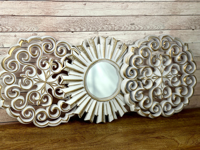 Mex set van 3 decoratieve wandspiegels Ø 25 cm spiegel wanddecoratie wanddecoratie landhuis oosterse stijl goud/wit