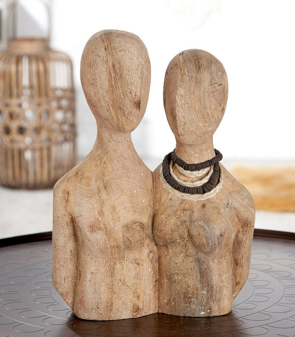 Sculptuur "PAIR" natuurlijke kleur gemaakt van mangohout, met ketting op een houten voet, hoogte 37cm, raamdecoratie, sieradendecoratie