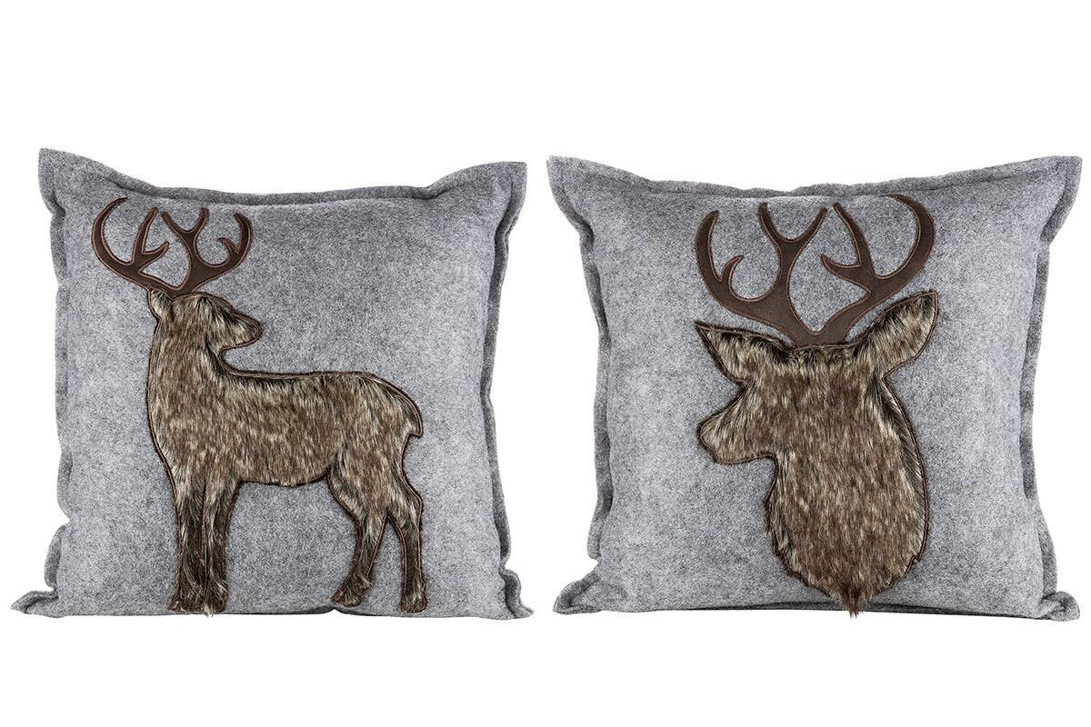 2er Set Filz Kissen "HIRSCH" hellgrau mit dunkelbrauner Plüschfell-Optik Handwäsche Füllung und Hülle Breite/Höhe 45cm