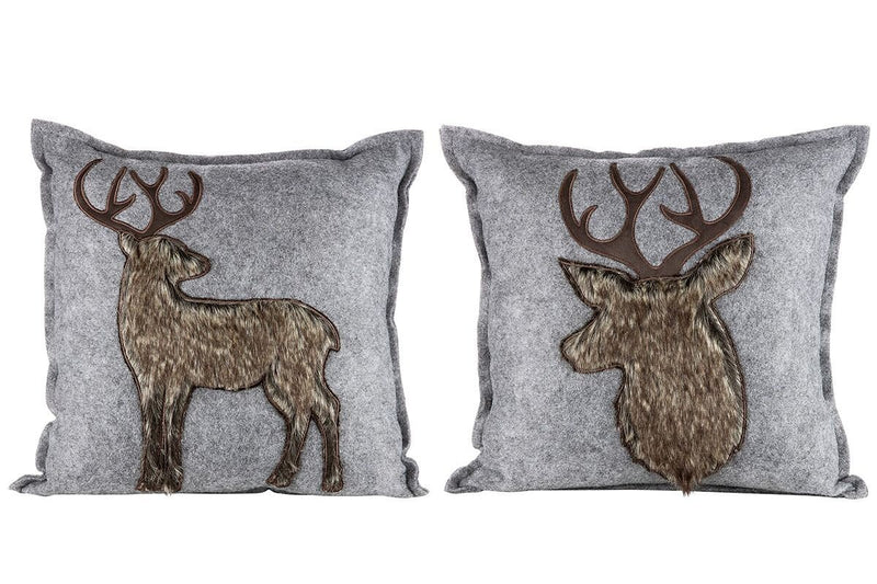 Set van 2 vilten kussens "HIRSCH" lichtgrijs met donkerbruine pluchen vachtlook, handwas, vulling en hoes, breedte/hoogte 45 cm
