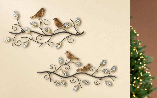 Set van 2 wanddecoratie "REFI" Metalen reliëftak Vogels op een tak Wanddecoratie 3D-afbeelding Metaaldecoratie Metaal Metalen afbeeldingdecoratie