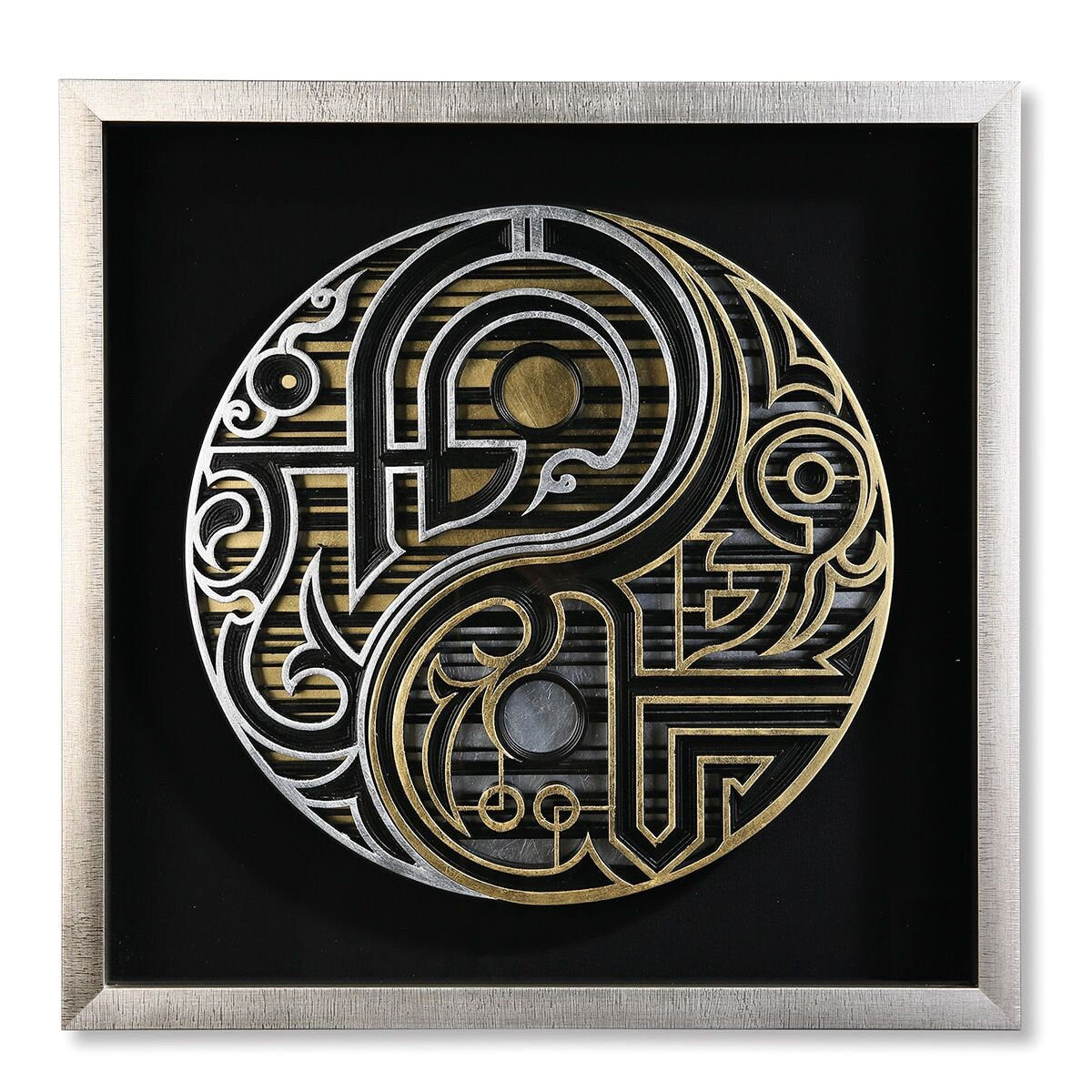 Schitterend wandobject "Dao" van hout en glas met 3D Yin-Yang object, handgemaakt door Gilde
