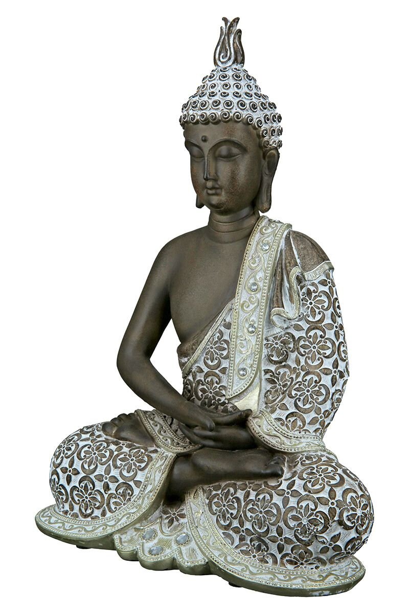 Buddha Figur sitzend MANGALA dunkelbraun weiß gewischt, mit Glasdeko 35 oder 29cm