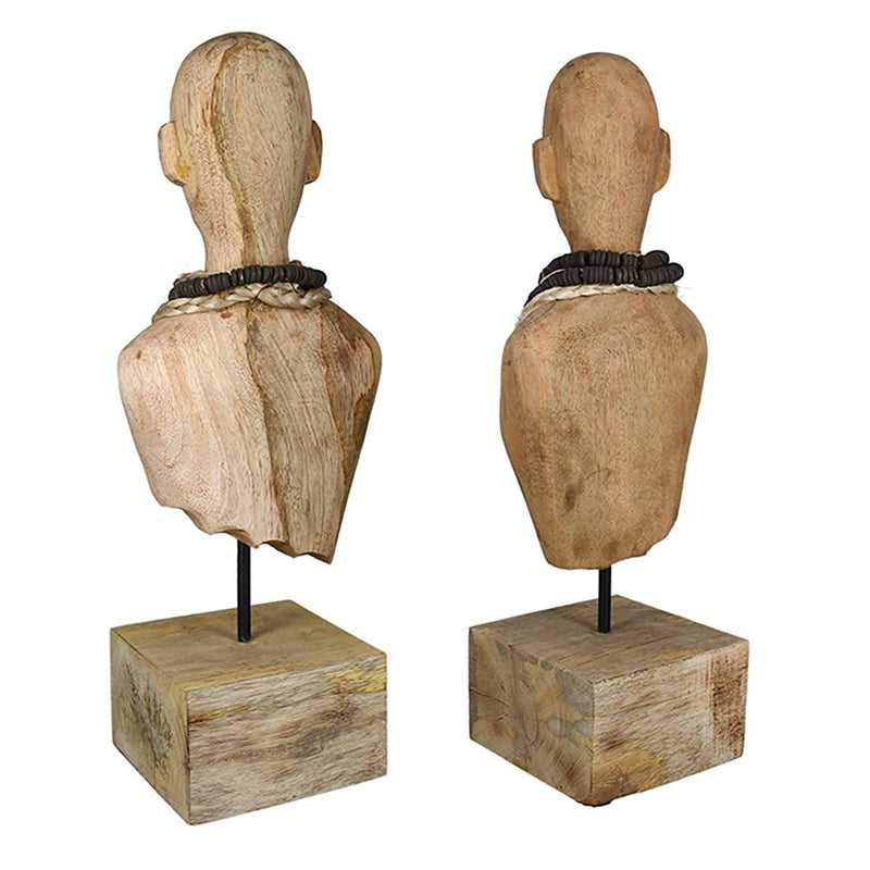 Set van 2 sculpturen "Sienna" natuurlijke kleur gemaakt van mangohout, met ketting op houten voet hoogte 45cm etalage decoratie sieraden decoratie
