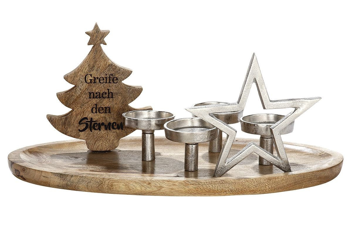 Exquisites Mangoholz Tablett 'Tannenbaum' - Eleganter Kerzenhalter für 4 Kerzen Weihnachtsdekorationen