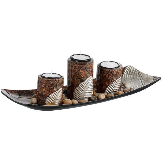 MF 3 kandelaar theelichthouder decoratieve kom rechthoekig gemaakt van hout met bladeren decoratief dienblad decoratie warme en gezellige sfeer