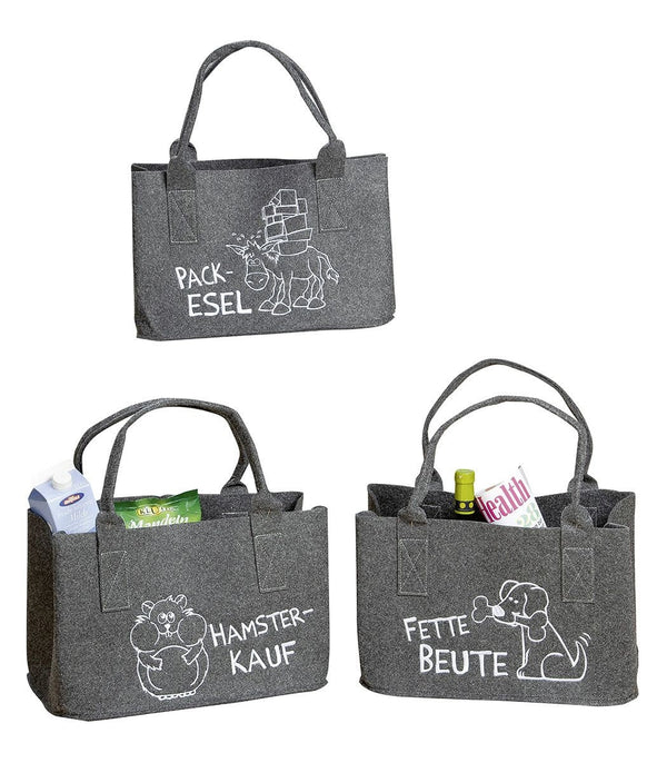 MF Filztasche in Dunkelgrau "Smart Shopping" Shopper Filz bestickt mit Tiermotiv und Spruch: Packesel / Hamsterkauf / Fette Beute